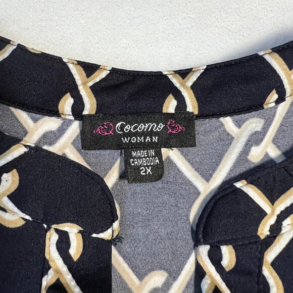 Cocomo Split Neck Chain Link Print Popover Blouse Size 2X 3/4 Roll Tab Sleeve - Picture 6 of 12